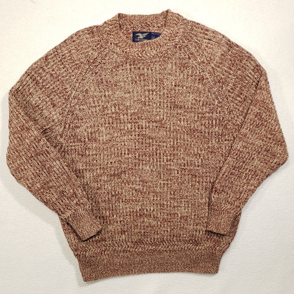 Willis and Geiger Sweater Men Medium Burgundy Cream Cotton Chunky Knit Vintage